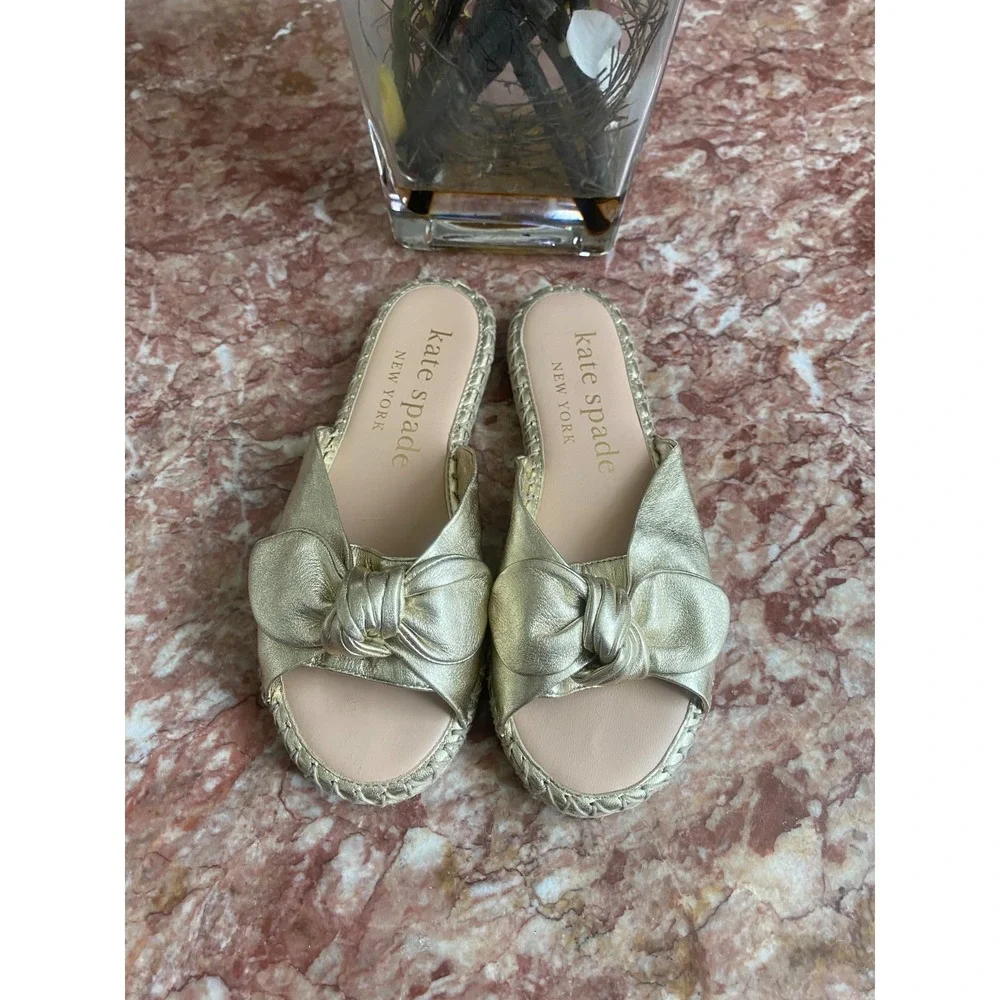 New Kate‎ Spade Saltie Shore Gold Leather Flat Espadrille Sandal Size 6.5B, $128